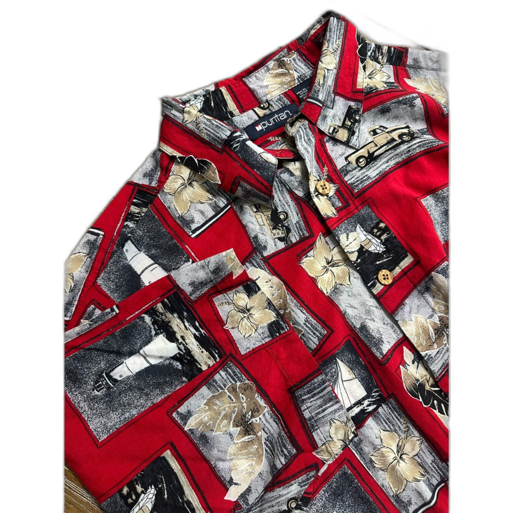 Puritan Hawaiian Camp Shirt XL Red Tropical Lighthouse Sailboat Button Up